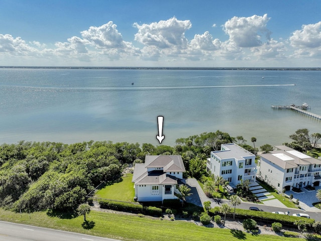 aerial view featuring a water view