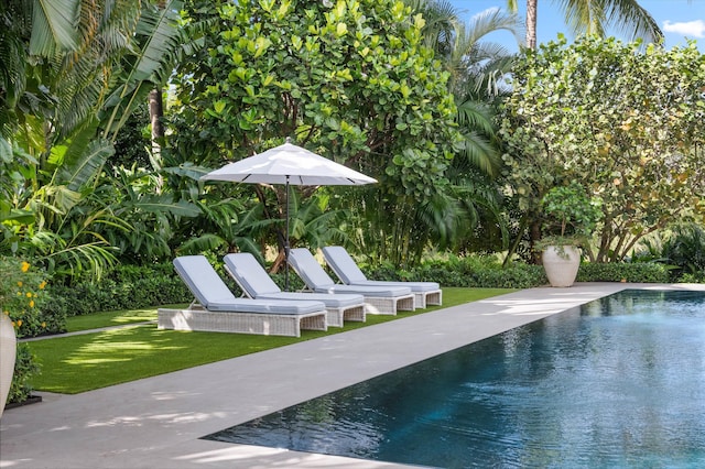 view of pool with a lawn and a patio area