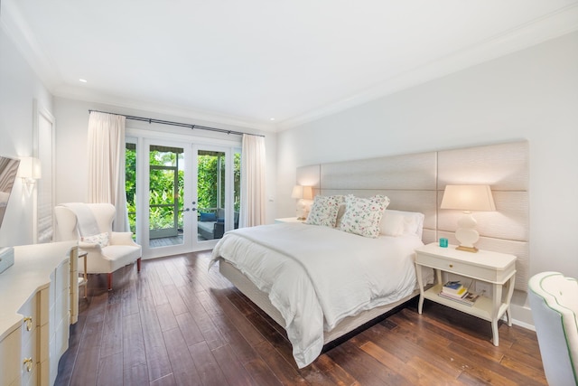 bedroom with access to exterior, crown molding, dark hardwood / wood-style floors, and french doors