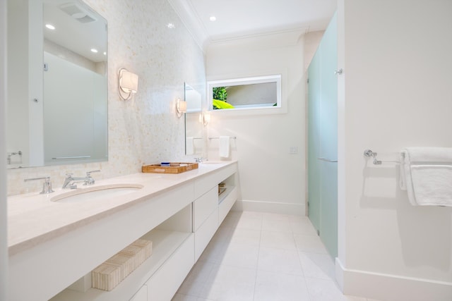 bathroom with vanity, backsplash, crown molding, and tile patterned floors