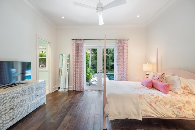 bedroom featuring multiple windows, access to exterior, crown molding, and dark wood-type flooring