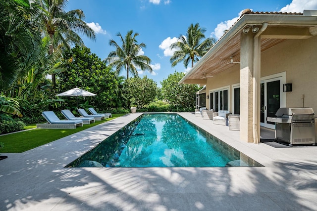 view of swimming pool with area for grilling and a patio area