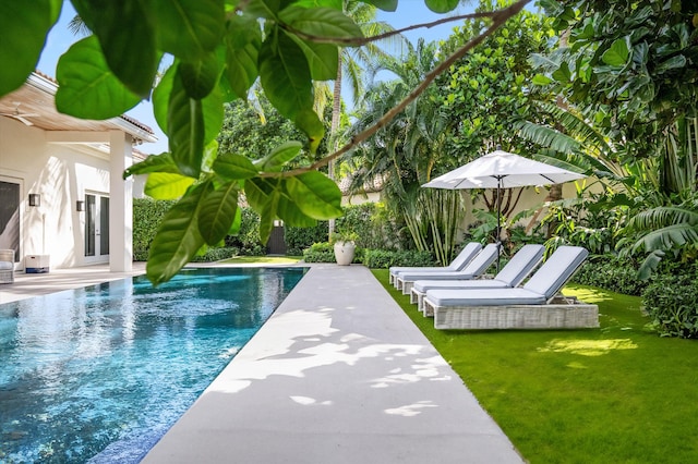 view of pool featuring a patio area and a lawn