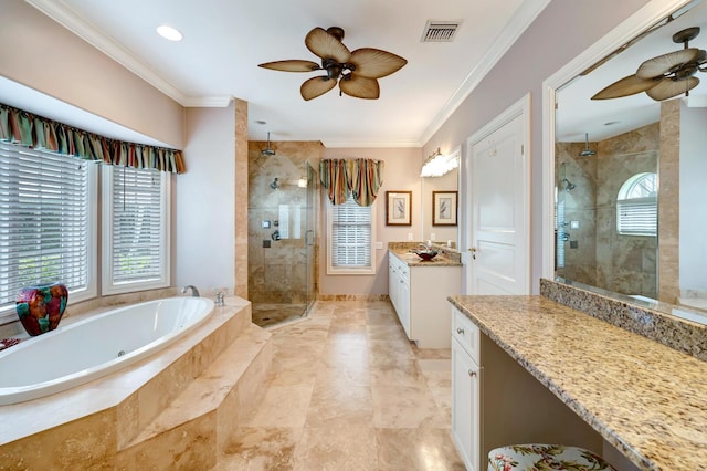 bathroom with crown molding, ceiling fan, plus walk in shower, and a wealth of natural light