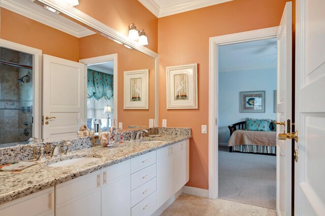 bedroom with crown molding, light colored carpet, and ceiling fan