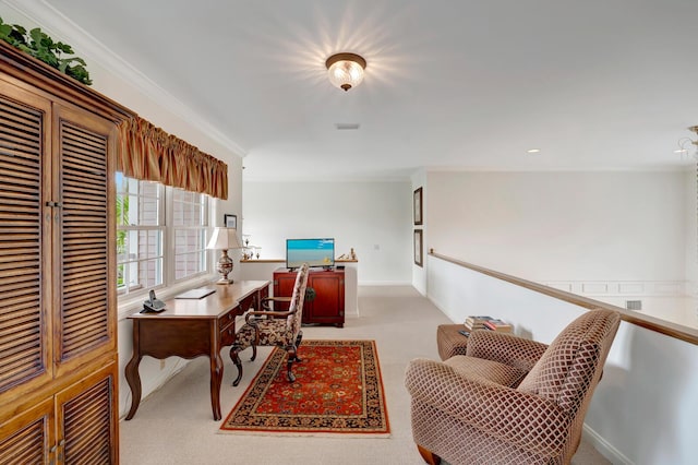 carpeted office space featuring ornamental molding