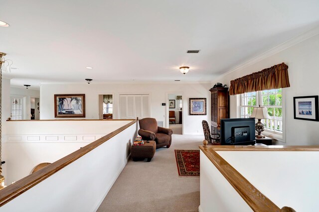 carpeted home office with crown molding