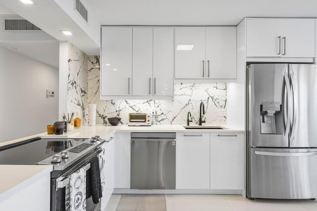 kitchen with sink, backsplash, stainless steel appliances, and white cabinets