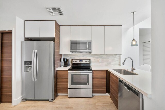 kitchen featuring sink, appliances with stainless steel finishes, decorative backsplash, white cabinets, and decorative light fixtures