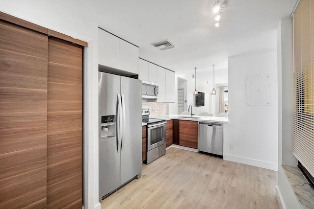 kitchen featuring appliances with stainless steel finishes, white cabinetry, hanging light fixtures, tasteful backsplash, and light wood-type flooring