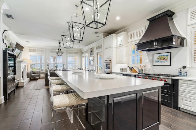 kitchen with custom exhaust hood, a breakfast bar area, white cabinets, and a large island with sink