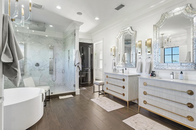 bathroom featuring crown molding, wood-type flooring, plus walk in shower, and plenty of natural light