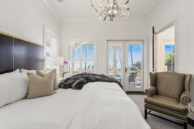 bedroom with ornamental molding, access to outside, and a notable chandelier