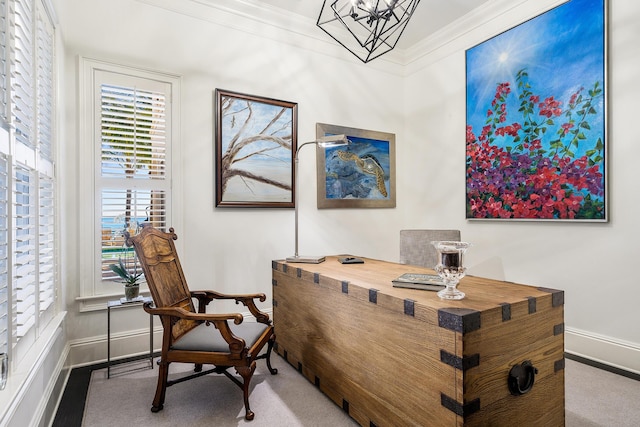 home office with ornamental molding and carpet floors