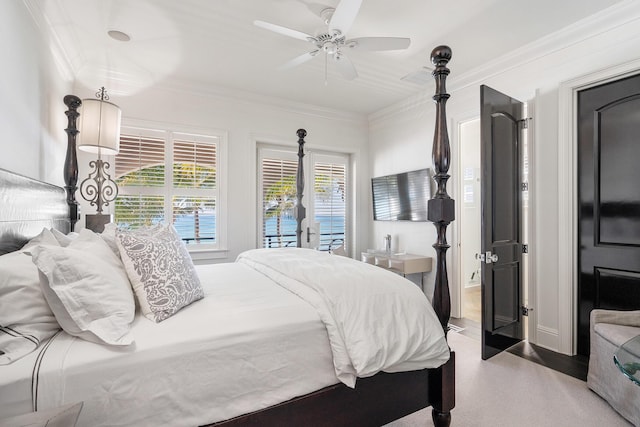 bedroom featuring crown molding, access to exterior, ceiling fan, and light hardwood / wood-style flooring