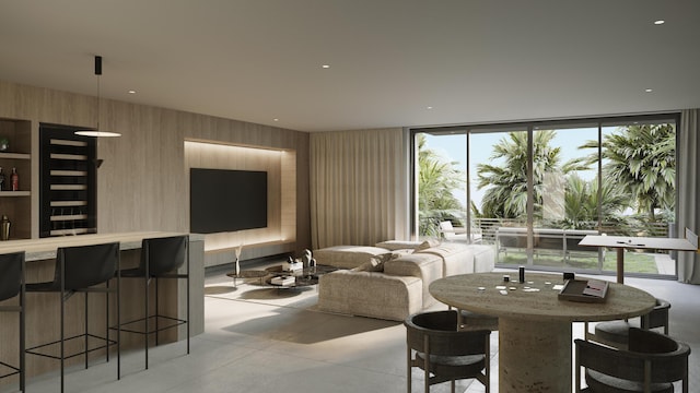 dining space with expansive windows