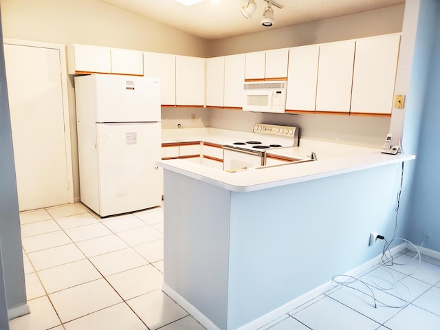 kitchen with white cabinetry, white appliances, and kitchen peninsula