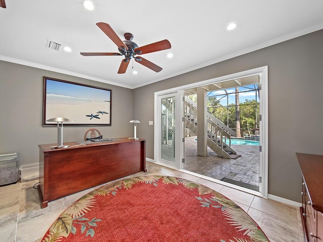 office featuring ceiling fan and crown molding