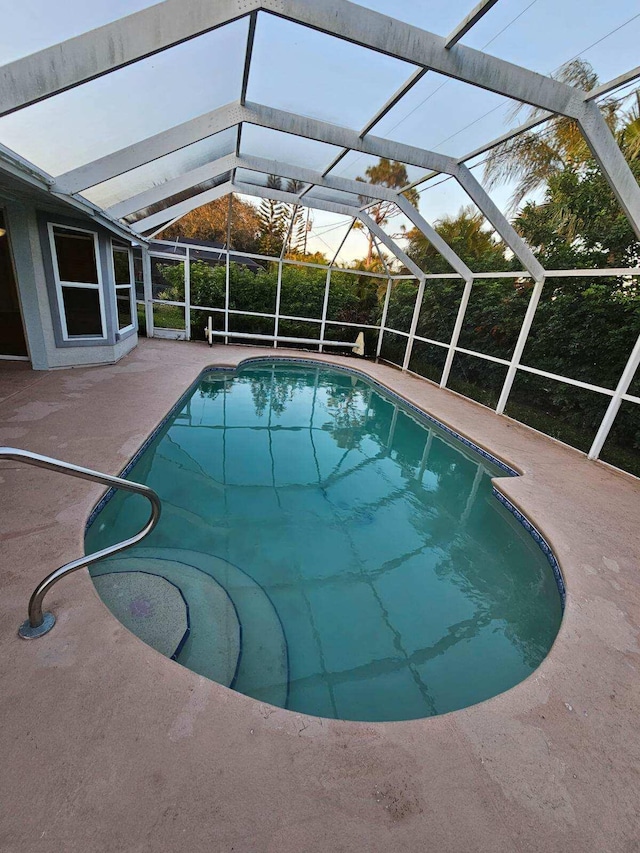 view of swimming pool with a lanai and a patio