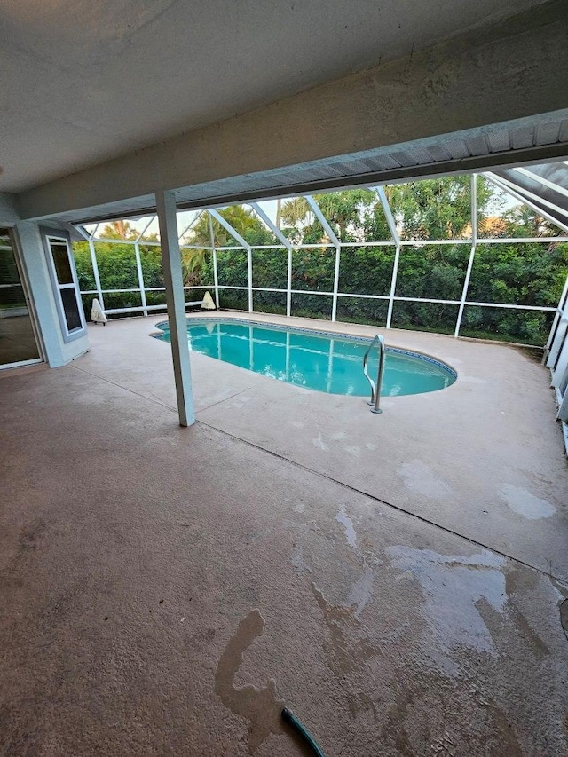 view of swimming pool with a lanai and a patio area