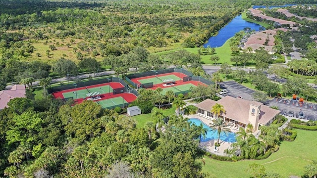 birds eye view of property featuring a water view