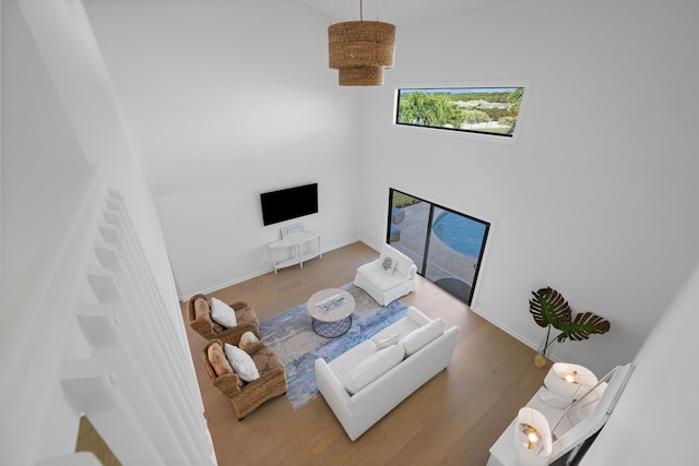 living room with hardwood / wood-style flooring and a towering ceiling