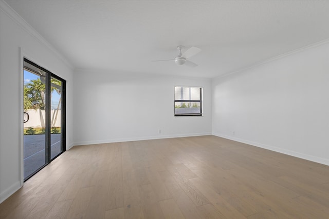 unfurnished room featuring crown molding, light hardwood / wood-style floors, and ceiling fan