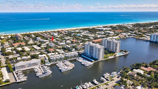 drone / aerial view featuring a water view