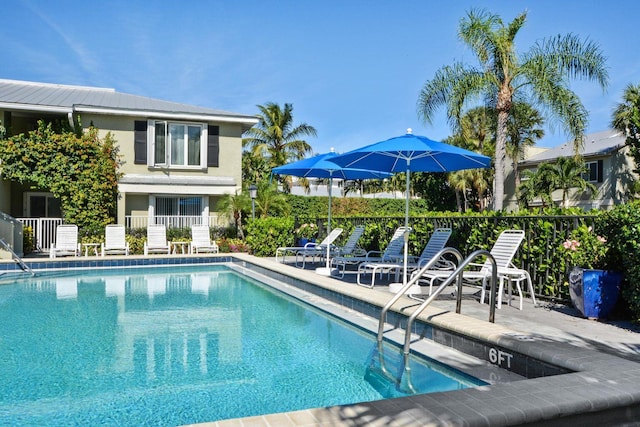 view of swimming pool with a patio area