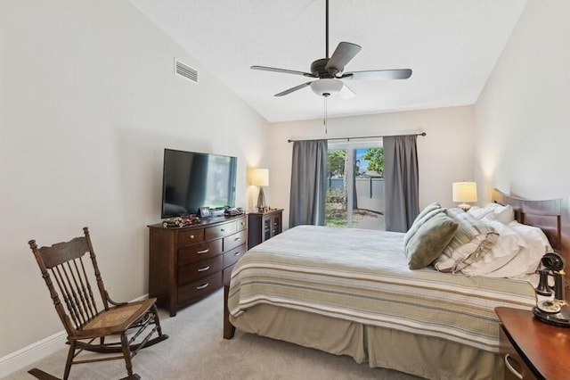 carpeted bedroom with vaulted ceiling, ceiling fan, and access to outside