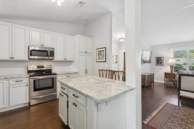 kitchen with lofted ceiling, appliances with stainless steel finishes, dark hardwood / wood-style floors, light stone counters, and white cabinets