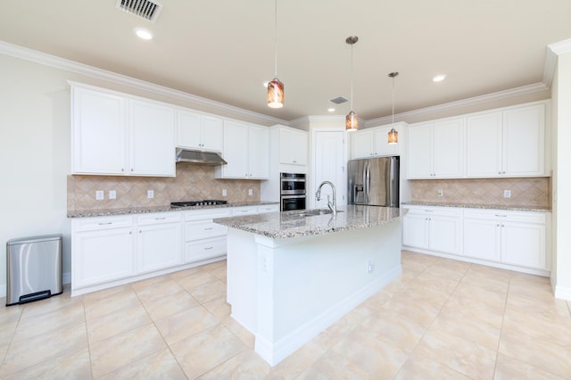 kitchen with visible vents, appliances with stainless steel finishes, ornamental molding, under cabinet range hood, and white cabinetry