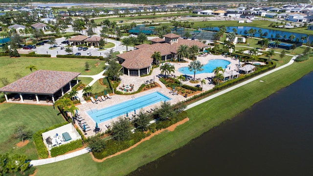 aerial view featuring a water view and a residential view