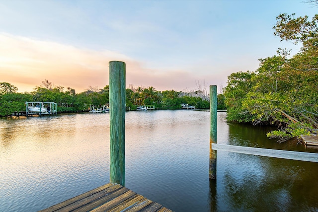 view of dock with a water view