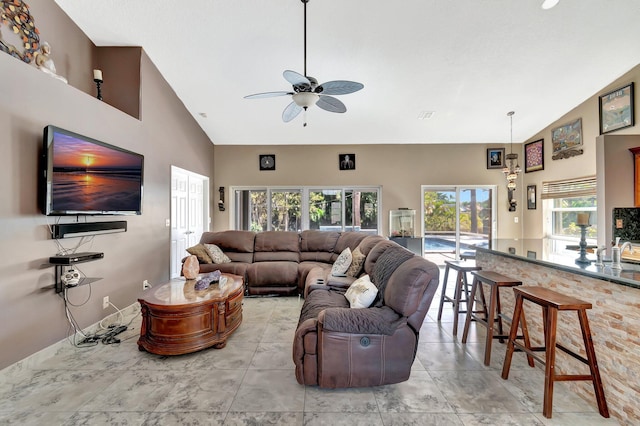 1075 E Lancewood Pl, Delray Beach, FL 33445 - living room with a ceiling fan and lofted ceiling