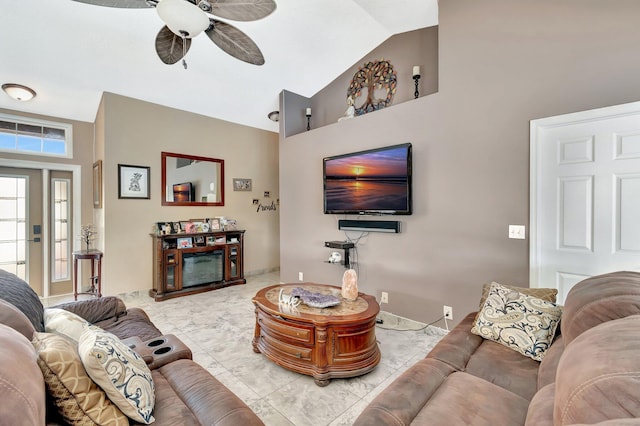 1075 E Lancewood Pl, Delray Beach, FL 33445 - living area featuring a ceiling fan and high vaulted ceiling