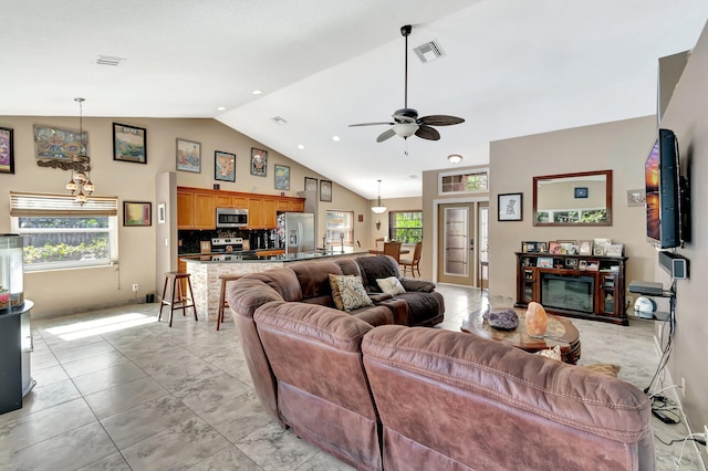 1075 E Lancewood Pl, Delray Beach, FL 33445 - living room featuring ceiling fan, light tile patterned floors, high vaulted ceiling, and recessed lighting