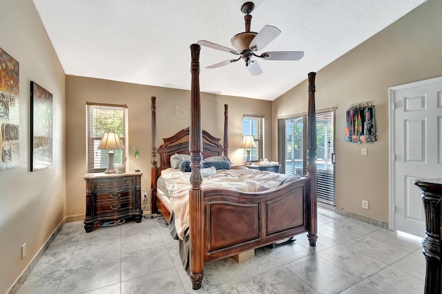 1075 E Lancewood Pl, Delray Beach, FL 33445 - bedroom featuring access to outside, multiple windows, lofted ceiling, baseboards, and a ceiling fan