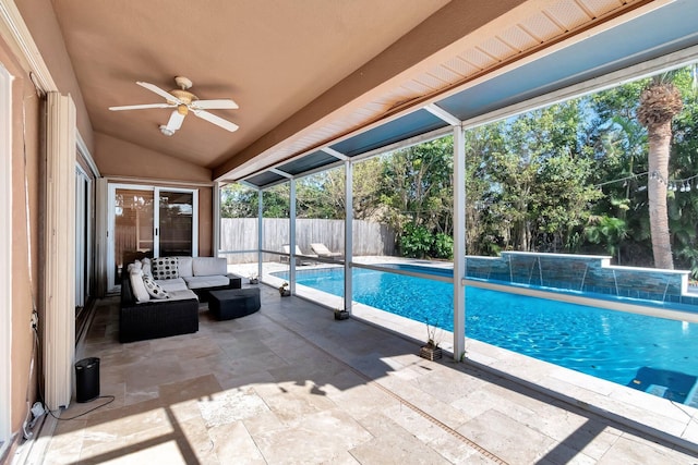 1075 E Lancewood Pl, Delray Beach, FL 33445 - view of swimming pool featuring a patio area, ceiling fan, and fence