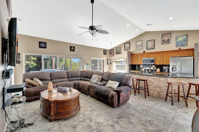 1075 E Lancewood Pl, Delray Beach, FL 33445 - living room featuring a ceiling fan, high vaulted ceiling, and recessed lighting