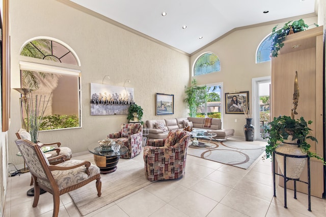 6525 Via Benita, Boca Raton, FL 33433 - living room with tile patterned floors, high vaulted ceiling, ornamental molding, and recessed lighting