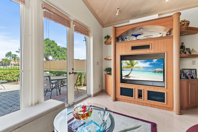 6525 Via Benita, Boca Raton, FL 33433 - living area with a wealth of natural light, wooden ceiling, wood finished floors, and ornamental molding