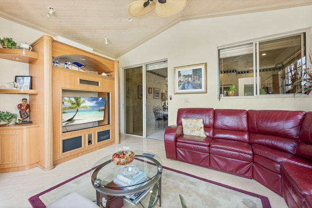 6525 Via Benita, Boca Raton, FL 33433 - living room with ornamental molding, a ceiling fan, and vaulted ceiling