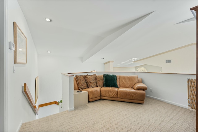 6525 Via Benita, Boca Raton, FL 33433 - living room featuring visible vents, beam ceiling, recessed lighting, carpet flooring, and baseboards