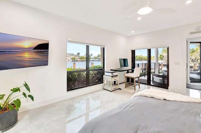 800 Andrews Ave Unit 9, Delray Beach, FL 33483 - tiled bedroom featuring visible vents, baseboards, access to exterior, and recessed lighting