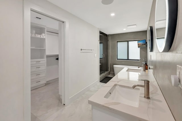 800 Andrews Ave Unit 9, Delray Beach, FL 33483 - bathroom with recessed lighting, double vanity, a shower stall, and a sink