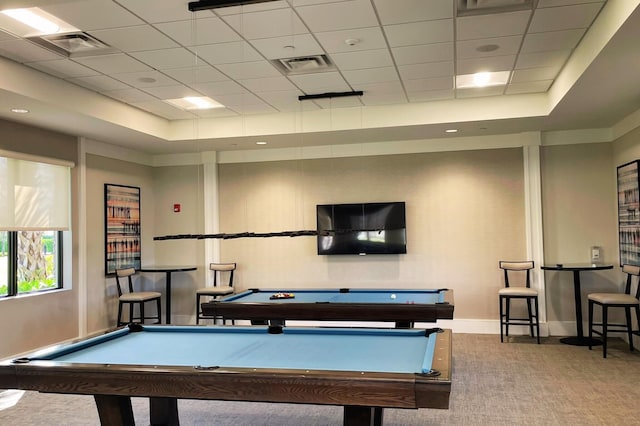 playroom with pool table, carpet flooring, a raised ceiling, and a paneled ceiling