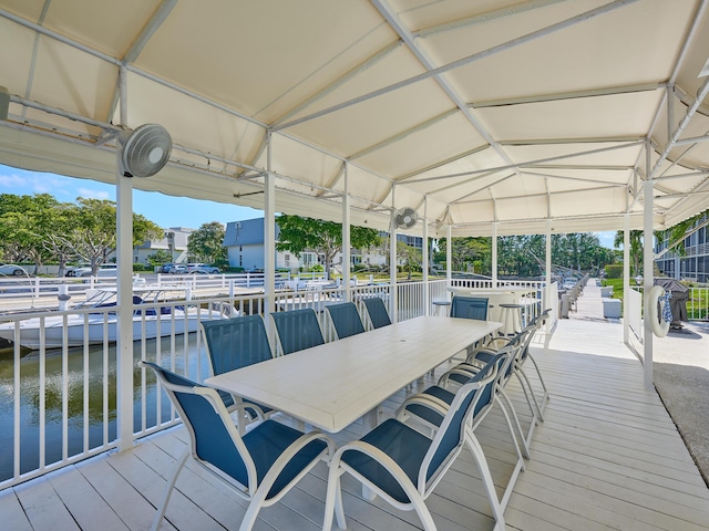 wooden terrace featuring a water view