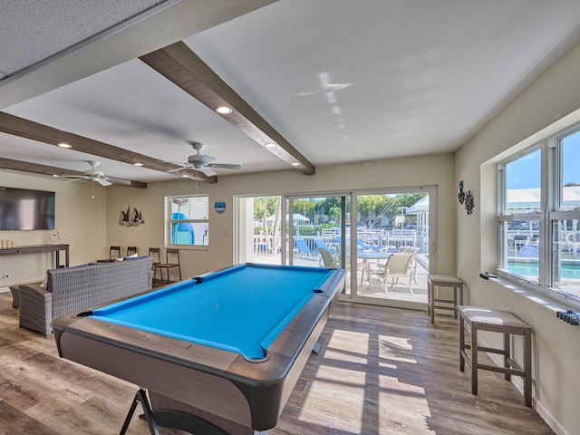 rec room featuring beam ceiling, wood-type flooring, and billiards