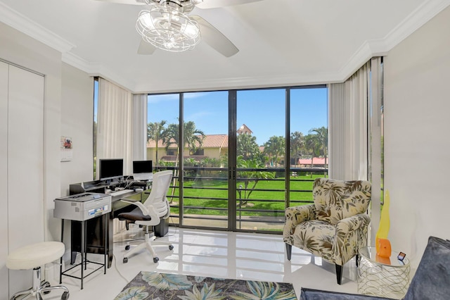 home office featuring ornamental molding, floor to ceiling windows, and ceiling fan